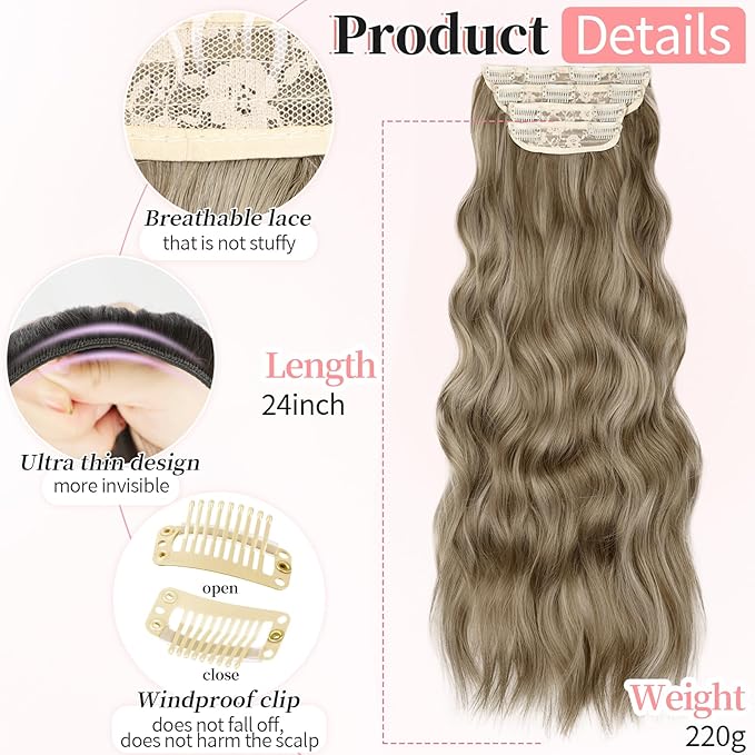 KooKaStyle Hair Extensions Ashy Taupe Blonde Clip in Synthetic Highlight Long Wavy 4PCS Thick Hairpieces for Daily Use 24 Inch for Women