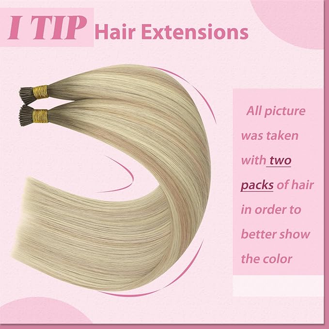YoungSee I Tips Hair Extensions Ombre 14 Inch I Tip Extensions Ash Blonde Ombre Platinum Blonde Balayage Itip Hair Extension Real Human Hair 80s 50g Fusion Hair Extension for Short Hair