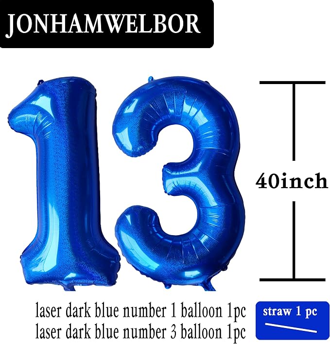 Jonhamwelbor 40 Inch Laser Blue13 Balloon Numbers Foil Mylar Giant Balloon - Image 2