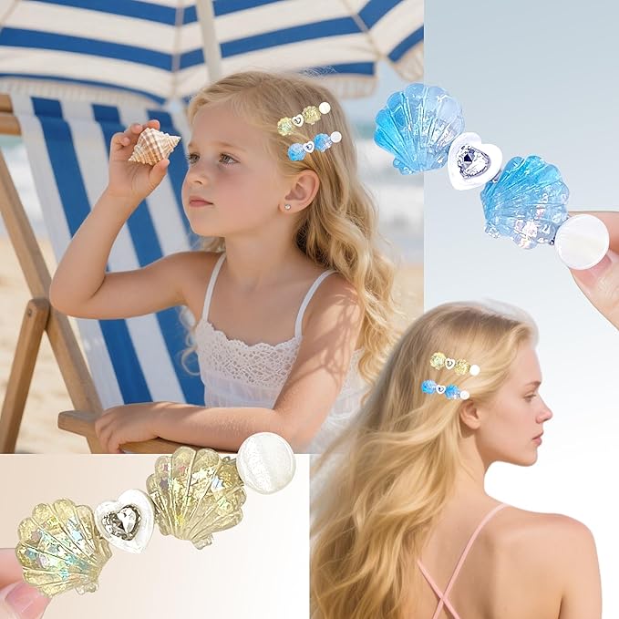 7PCS Iridescent Ocean Hair Clip Set - Mermaid Tail, Starfish, Seashell Designs with Pearl Accents, Beachy Hair Accessories for Vacations, Pool Parties & Summer Styling