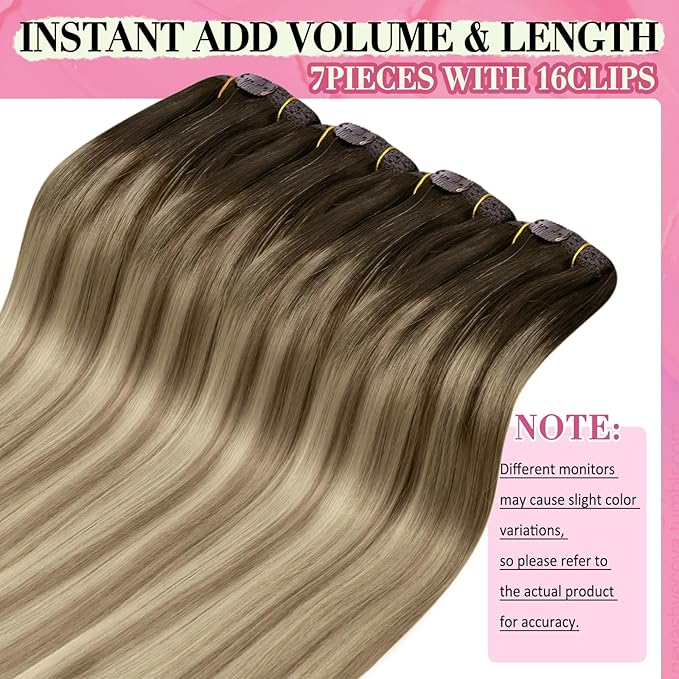 YoungSee 150G Clip in Human Hair Extensions Brown Clip on Hair Extensions for Women Walnut Brown Ombre Light with Blonde Clip in Hair Extension Real Human Hair 22inch 7pcs
