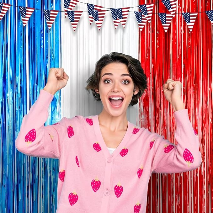 Voircoloria Red White Blue Foil Fringe Backdrop Curtains, 2 Pack | Tinsel - Image 6
