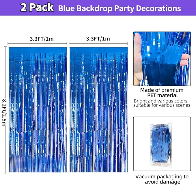 Blue Streamers Party Decorations 3.3x8.2ft, 2 Pack Dark Blue Tinsel Backdrop - Image 3