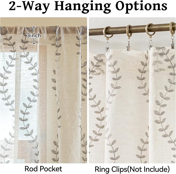 2 Panels Linen Leaf String Floral Embroidered Semi Sheer Curtain Farmhouse - Image 5