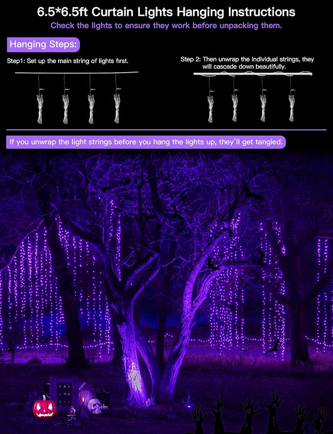 Purple Curtain Lights for Halloween, 200 LED Hanging String Lights - Image 3
