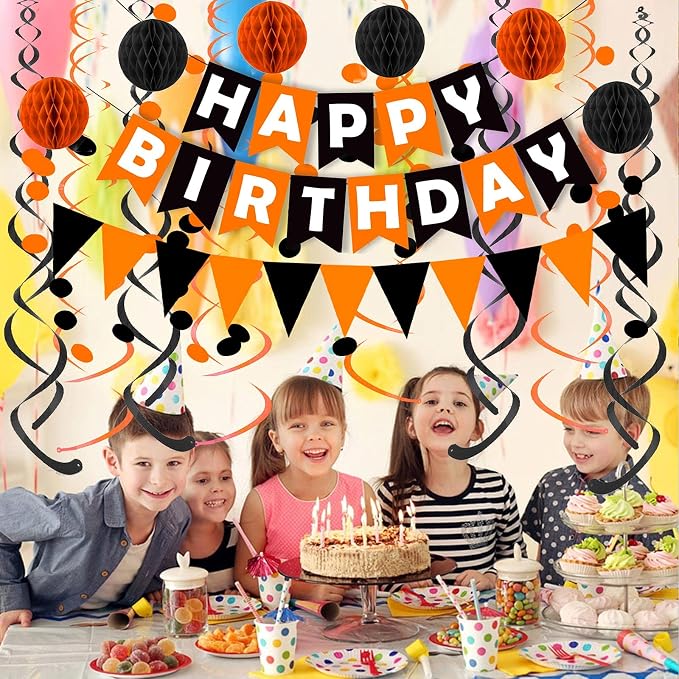 Fecedy Black Orange Happy Birthday Banner Paper Triangle Flag Bunting Circle - Image 4