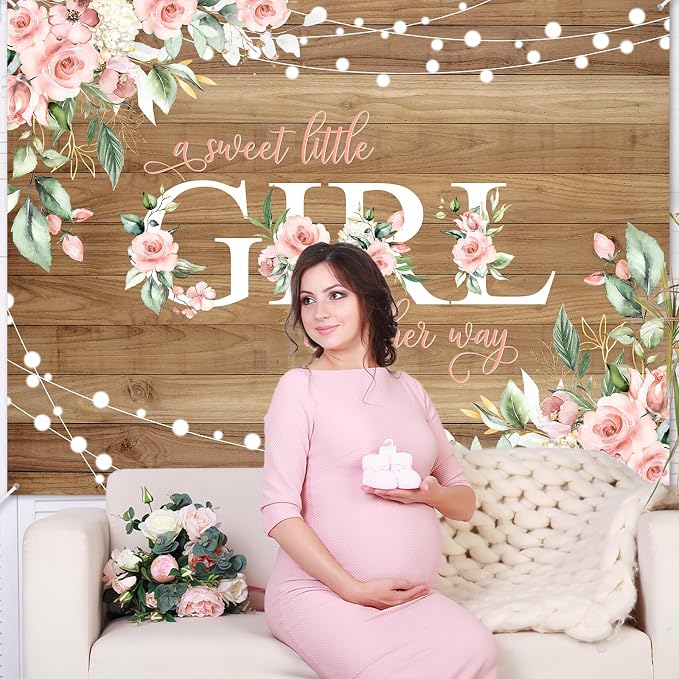 8 x 6 ft Rustic Wood Baby Shower Backdrop A Sweet Little Girl is on Her Way - Image 6