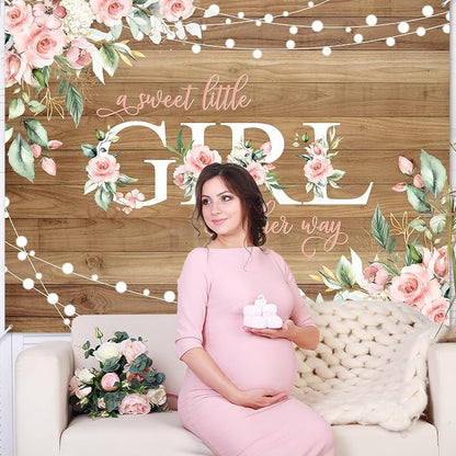 8 x 6 ft Rustic Wood Baby Shower Backdrop A Sweet Little Girl is on Her Way - Image 6