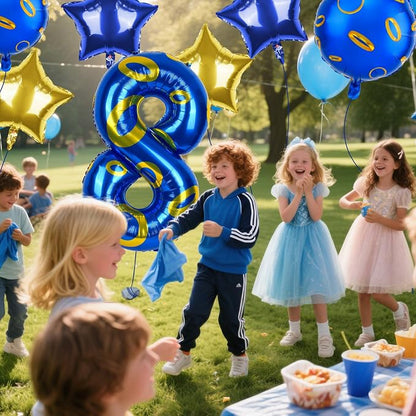 40 Inch Blue and Golden Ring Themed Number Balloon, Number Block Foil Number 8 - Image 7