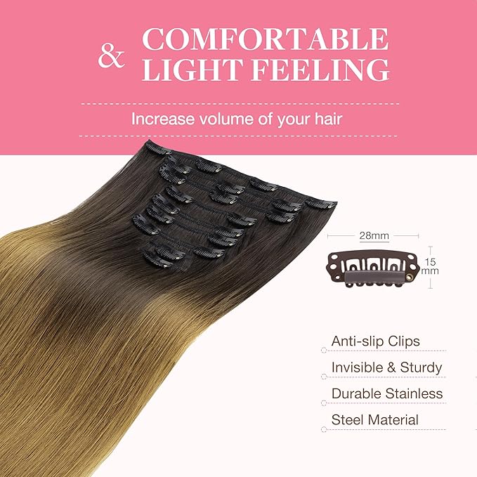 GOO GOO Clip in Hair Extensions Real Human Hair, Remy Human Hair Extensions Clip ins for Women, Natural Human Hair, 22inch 150g 9Pcs, 1D/2C/4E Chocolate Dip Color Melt