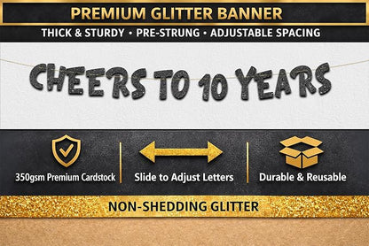 Pre-Strung Cheers to 10 Years Black Glitter Banner - Image 3