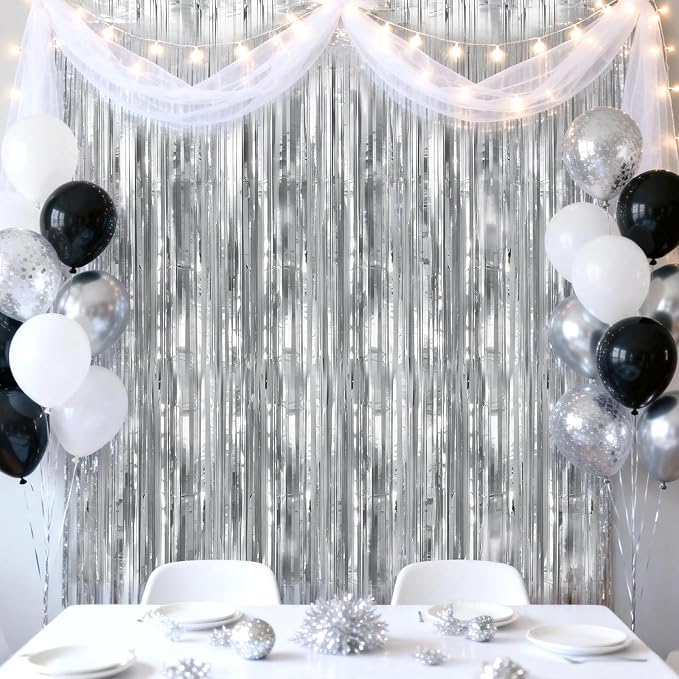 jijAcraft Metallic Silver Tinsel Foil Fringe Curtain, 3 Pack 3.2x6.5 Feet Party - Image 7
