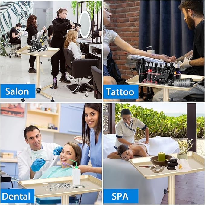 Salon Tray on Wheels, Champagne Gold Salon Service Tray Cart with Adjustable Height,Ideal Use As Salon Tattoo Tray&Medical Tray,No-Rusting