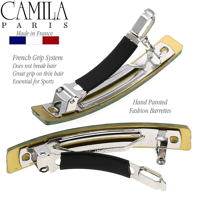 Camila Paris CP3032 French Hair Barrette Clip for Girls, Set of 2 Green Rubberized Metal Clasp Strong Hold Grip Hair Clips for Women, No Slip Durable Styling Girls Hair Accessories, Made in France
