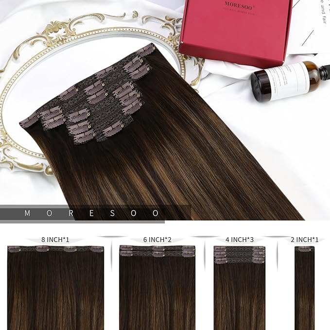 Moresoo Real Hair Extensions Clip in Human Hair Balayage Brown Long Clip in Human Hair Extensions Dark Brown Mixed with Chestnut Brown Ombre 7pcs 120G 24Inch