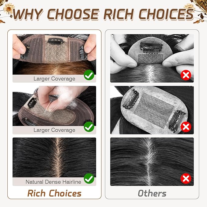 Rich Choices Real Human Hair Topper With Bang - 100% Remy Hair for Women With Thinning Hair - Clip in Silk Base 12 Inch #1 Jet Black