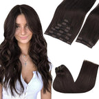 GOO GOO Clip in Hair Extensions Real Human Hair, Remy Human Hair Extensions Clip ins for Women, Natural Human Hair, 16inch 150g 9Pcs, 2A Light Brown