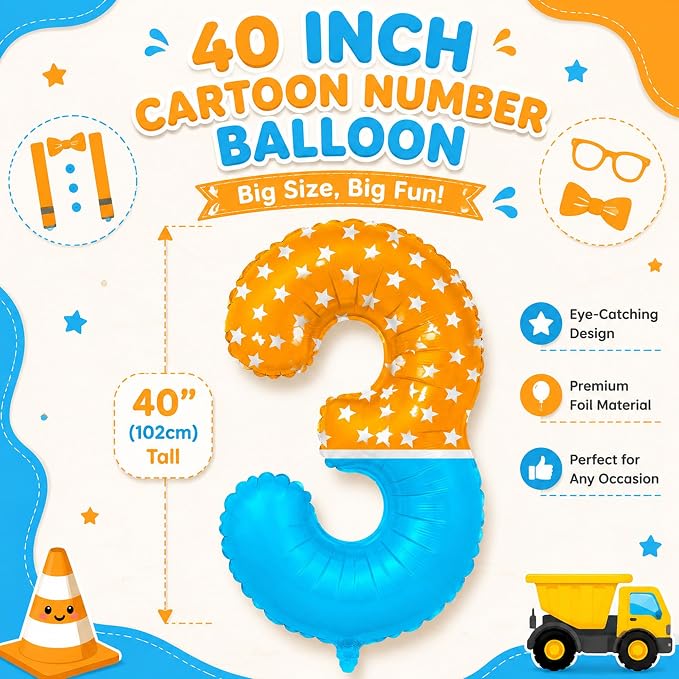 40 Inch Orange Blue Number 3 Balloon, Bow Tie Glasses Design - Image 3