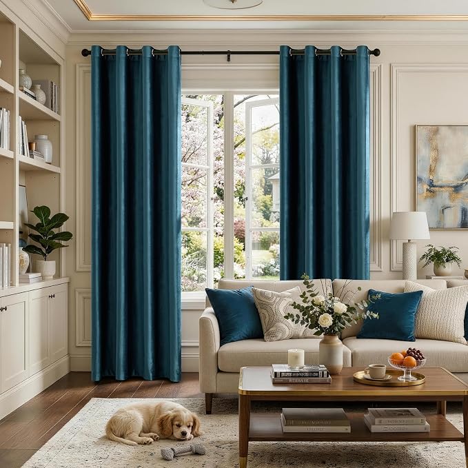 BULBUL Velvet Peacock Blue Blackout Curtains 96 inch Long - Image 2