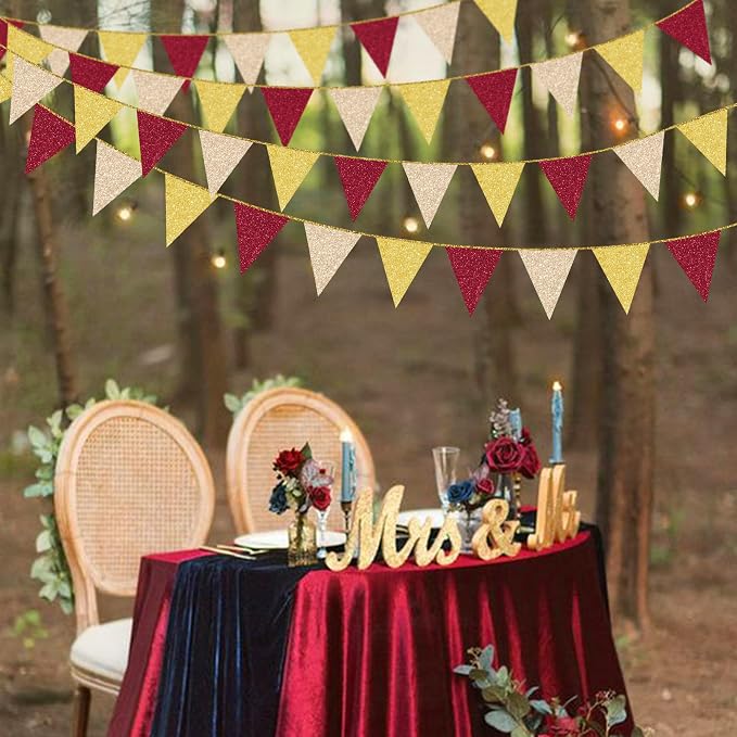 Maroon Gold Party Pennant Banner Flag Burgundy Champagne Gold Triangle Hanging - Image 7