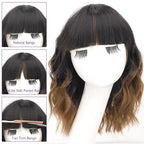 AISI HAIR Ombre Brown Short Wavy Bob Wigs with Bangs for Women Ombre Brown Wavy Wig Natural Looking Resistant Fiber Synthetic Hair for Daily