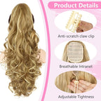 ALXNAN Ponytail Extension,24 Inch Claw Clip in Long Curly Wavy Medium Blonde with Blonde Highlights Ponytail Hair Extension Jaw Clip on Pony Tails Hairpiece for Women