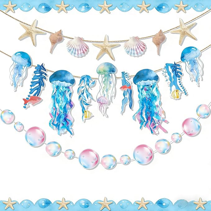 SUNBEAUTY Starfish Seashell Banner Under The Sea Party Decoration Jellyfish by SUNBEAUTY