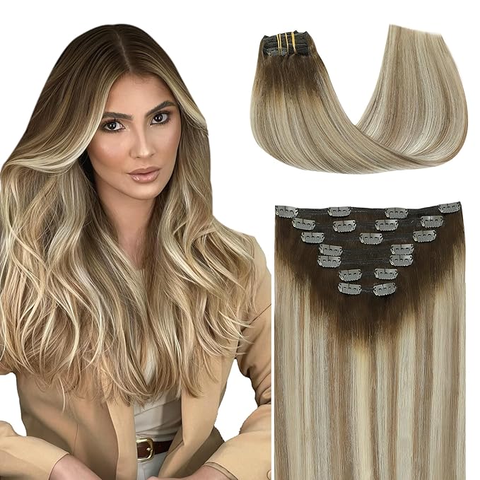 SURNEL Clip in Human Hair Extensions Balayage Clip in Hair Extensions 20 Inch 7pcs 160g Walnut Brown to Ash Brown and Golden Blonde Real Human Hair(7C#3/8/22-20'')