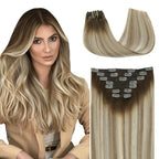 SURNEL Balayage Clip in Hair Extensions Human Hair Clip Extensions 22 Inch 7pcs 160g Walnut Brown to Ash Brown and Golden Blonde Real Human Hair Extensions Clip ins(7C#3/8/22-22'')