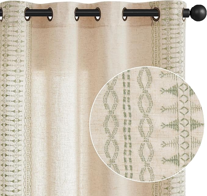 jinchan Boho Curtains for Bedroom Linen Blend Curtains Sage Green Embroidered - Image 9