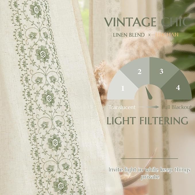 jinchan Green Floral Embroidered Short Linen Curtains 54×54 Inches 2 Panels | - Image 6