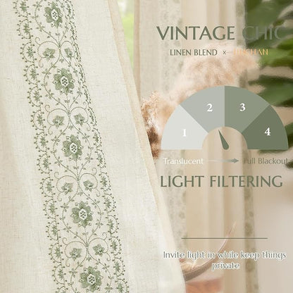 jinchan Floral Linen Curtains Embroidered Back Tab 50x84in 2 Panels Sage | - Image 6