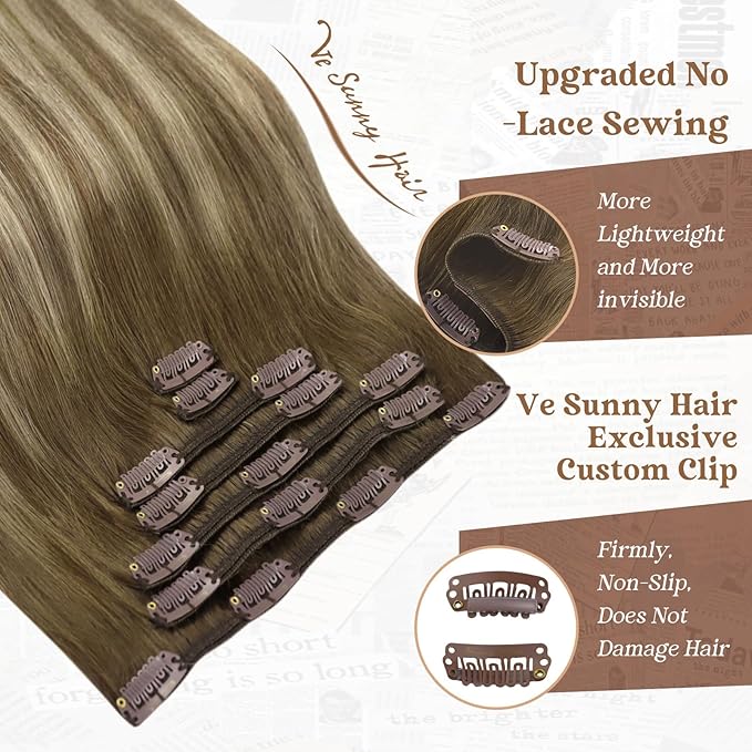 Ve Sunny Clip in Hair Extensions Real Human Hair Balayage Brown with Blonde Clip in Extensions for Women Real Hair Extensions Clip in Human Hair 14inch 100g