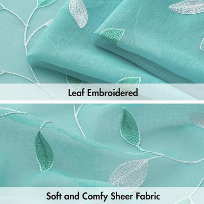 MIULEE Turquoise Sheer Curtains 2 Panels Leaf Patterned, W52 x L84 | - Image 4