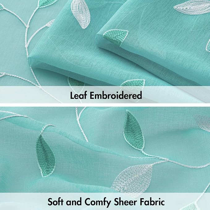MIULEE Turquoise Sheer Curtains 2 Panels Leaf Patterned, W52 x L96 | - Image 4