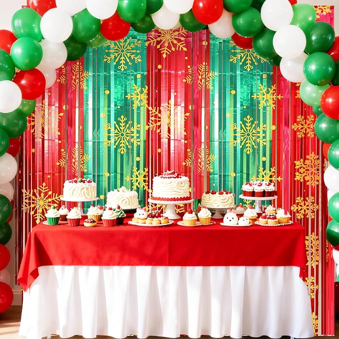 2 Packs Christmas Foil Fringe Curtain, Glitter Red Green Snowflake Metallic - Image 5