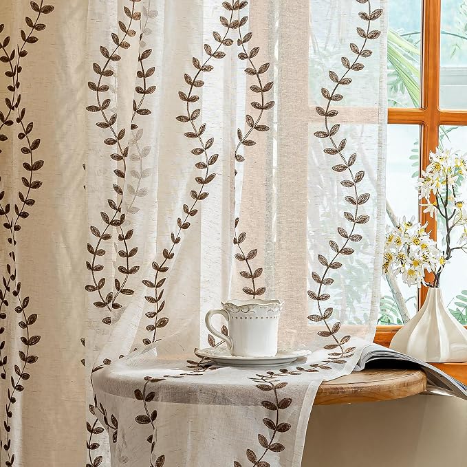 2 Panels Linen Leaf String Floral Embroidered Semi Sheer Curtain Farmhouse by AmHootextile