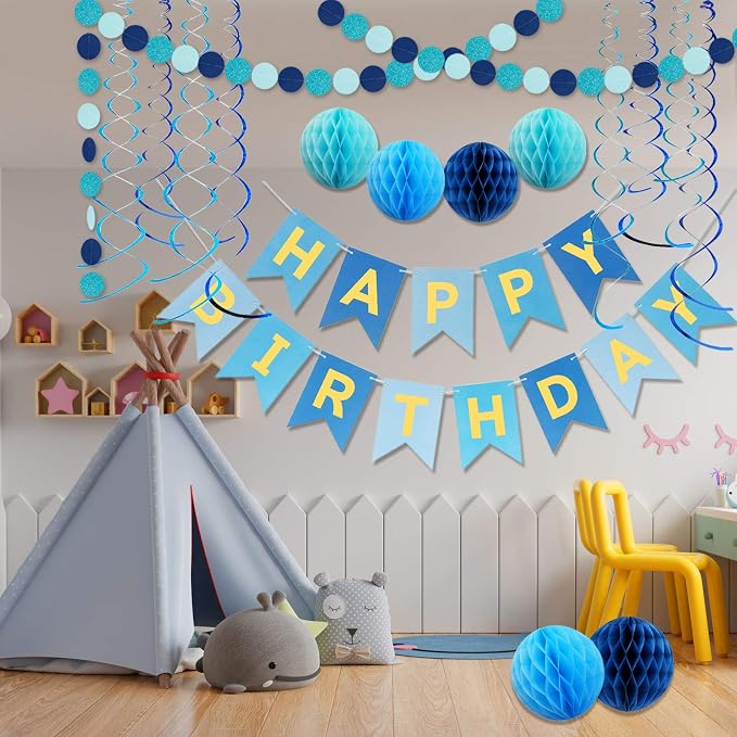 Blue Birthday Decorations with Happy Birthday Banner, Paper Honeycomb Balls - Image 6