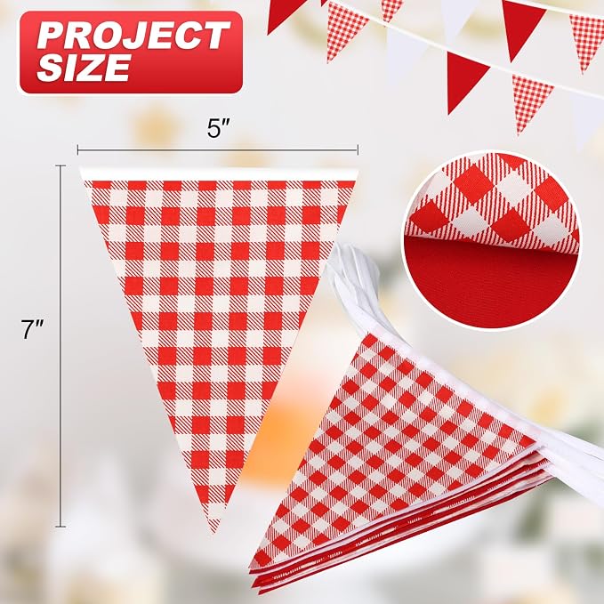 Red Plaid Checkered White Pennant Banner Flag Triangle Bunting Garland - Image 2