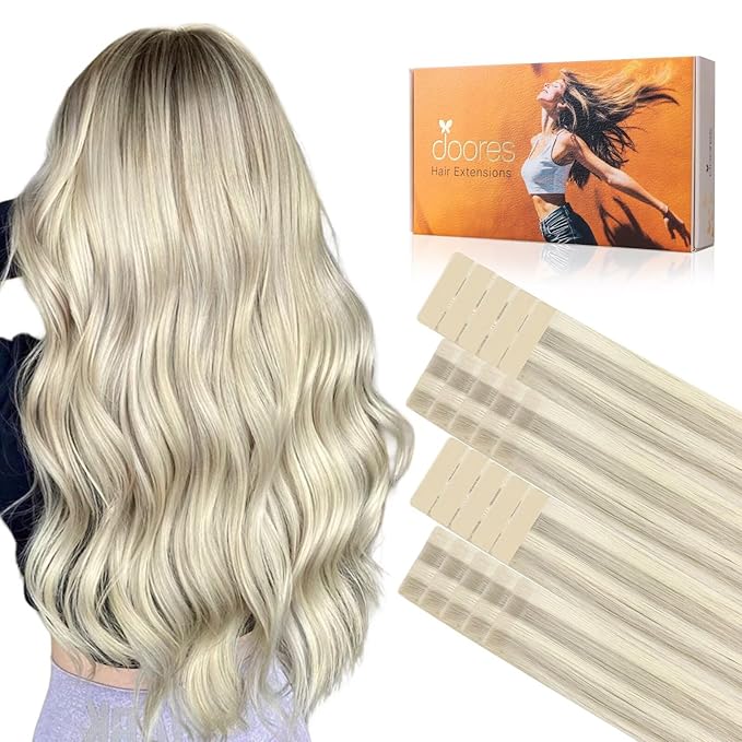 DOORES Invisi Edge Hair Extensions Tape in, Ash Blonde Highlighted Platinum Blonde 10 Injection Tape-ins with 10 Classic Tape-ins 50g 16 Inch, Injection Tape in Virgin Human Hair