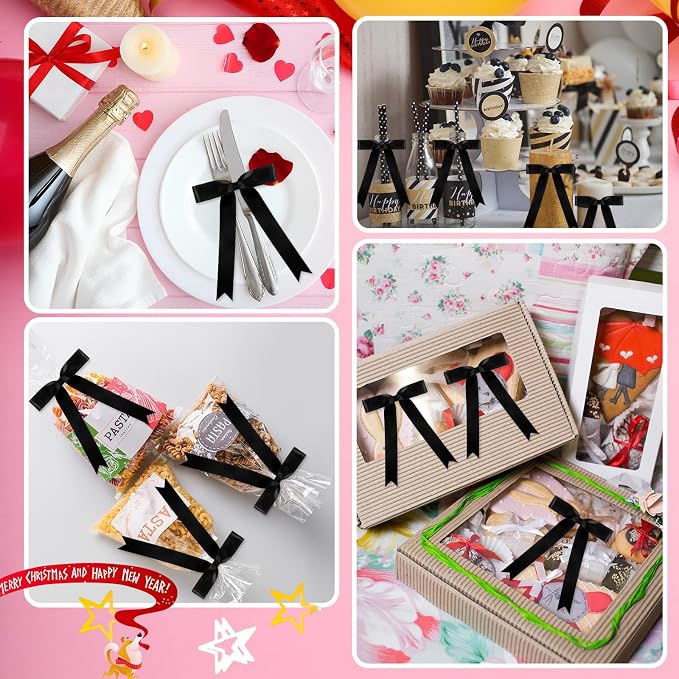 Riceshoot Black 24 Pcs Satin Ribbon Bows 5x7'' Self Adhesive Stick on Premade - Image 6