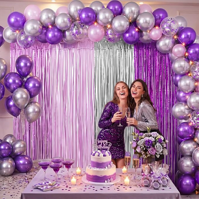 Frienda 4pcs Purple and Silver Party Decorations 6.6ft Fringe Curtains - Image 3