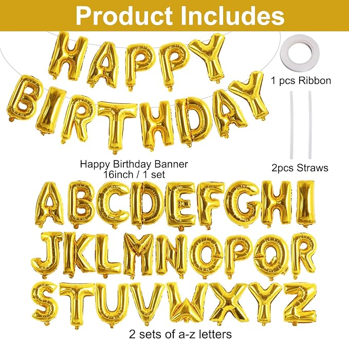 TONIFUL 65 Pcs 16 Inch Gold Happy Birthday Balloons and 2 Sets A-Z Foil Letters - Image 2