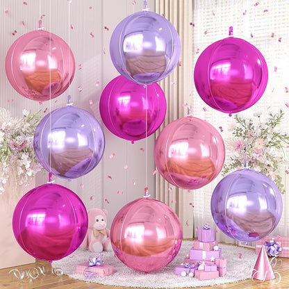 Pink Purple Round Foil Balloons 9 pcs, Metallic Giant 4D Round Balloons 22 Inch by Cledeco