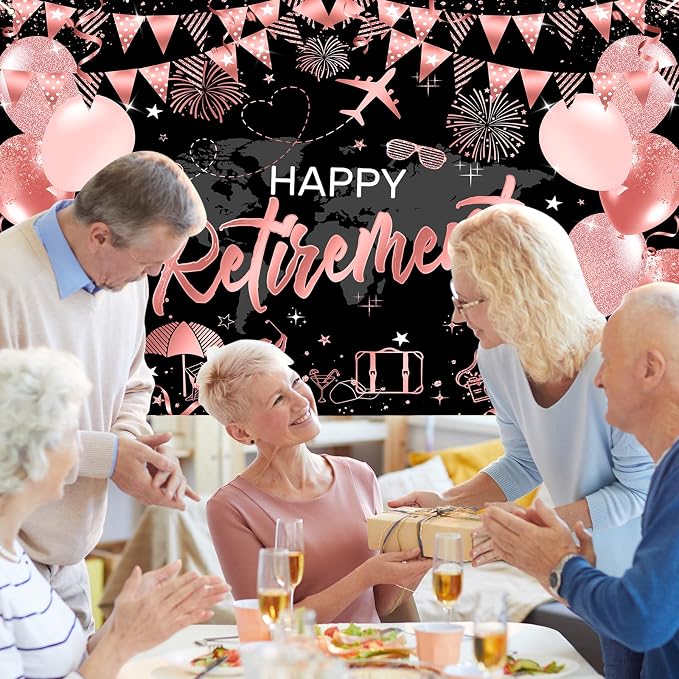 Mocsicka Happy Retirement Backdrop Pink Rose Gold Balloons Women Happy - Image 4