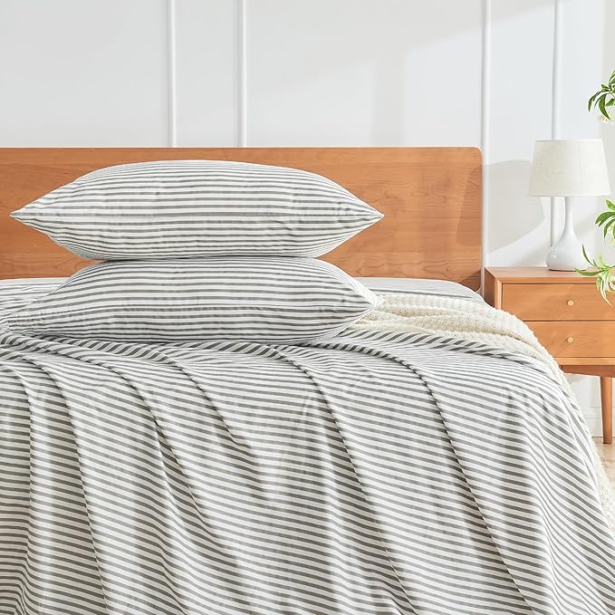 JELLYMONI 100% Natural Cotton Striped Queen Pillowcases Set, 2 Pack White and Grey Stripes Pattern Printed Pillow Covers with Envelope Closure(Pillows are not Included)