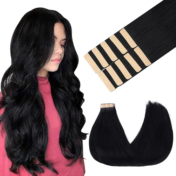 GOO GOO Tape in Hair Extensions Human Hair, 1 Jet black, 14inch 25g 10pcs, Skin Weft Seamless Invisible, Silky Straight with Thick Ends, Remy Human Hair