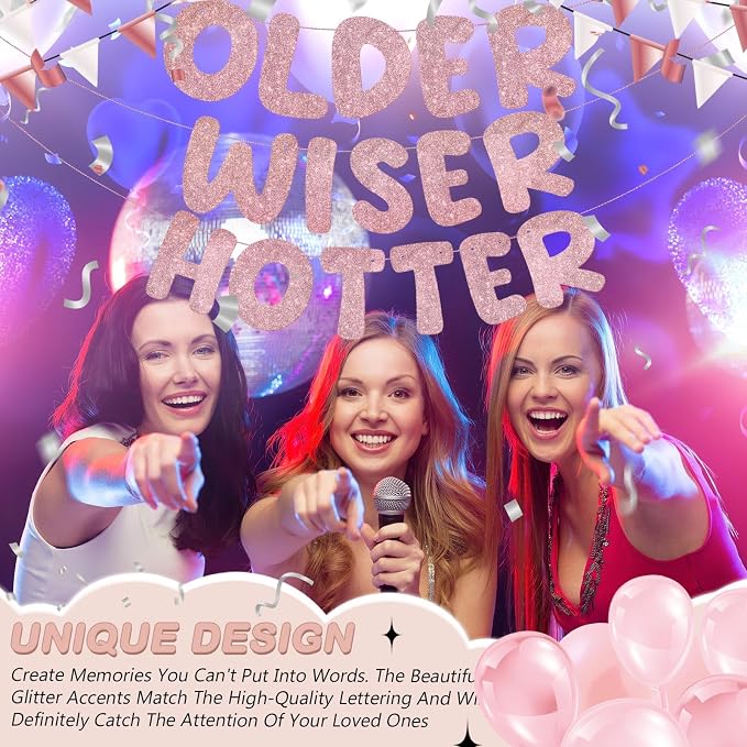 Fulmoon Set of 3 Pre Strung Older Wiser Hotter Glitter Banner Funny Birthday - Image 5