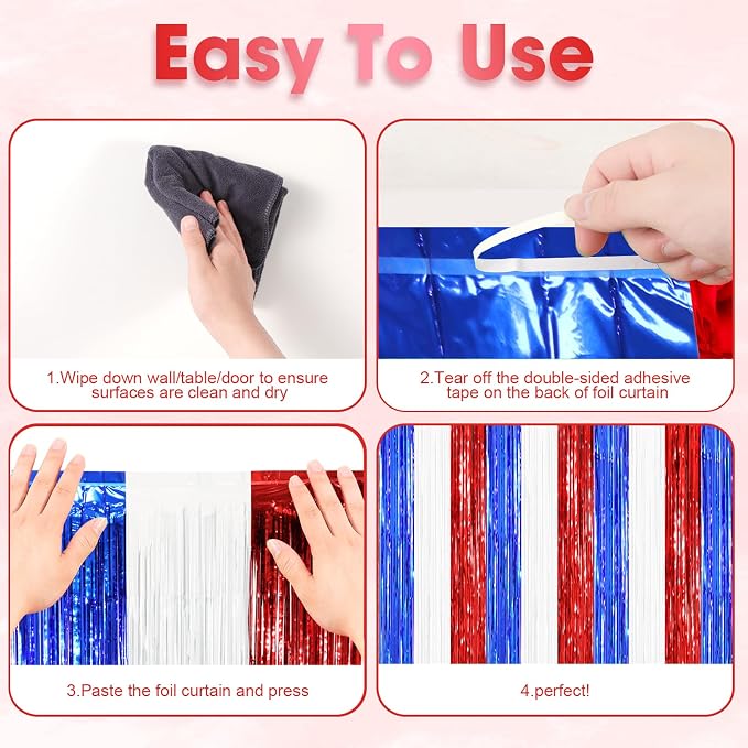 Voircoloria Red White Blue Foil Fringe Backdrop Curtains, 2 Pack | Tinsel - Image 4