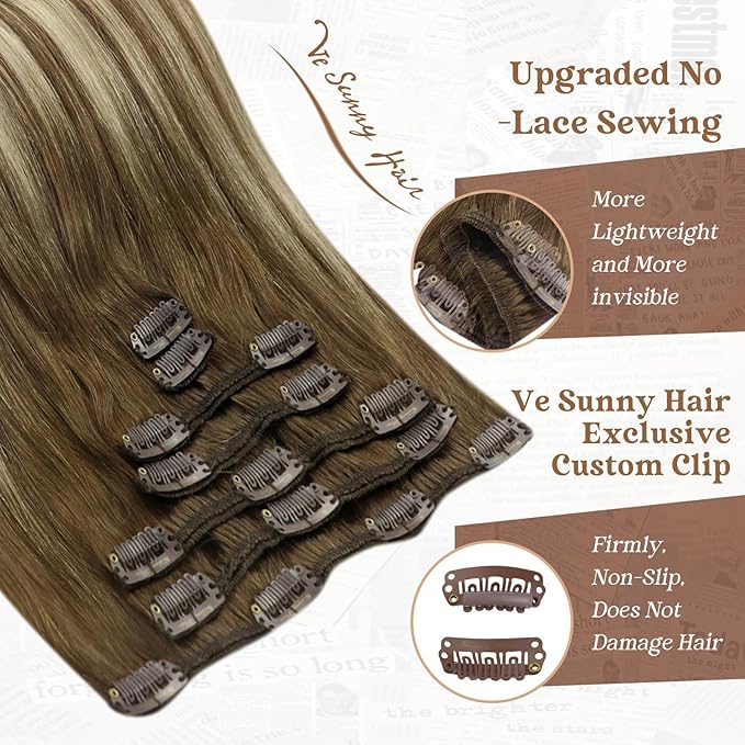 Ve Sunny Balayage Clip in Hair Extensions Real Human Hair Brown Blonde Human Hair Clip in Extensions Balayage Chestnut Brown with Blonde Ombre Clip in Human Hair Extensions 80g 5pcs 12Inch